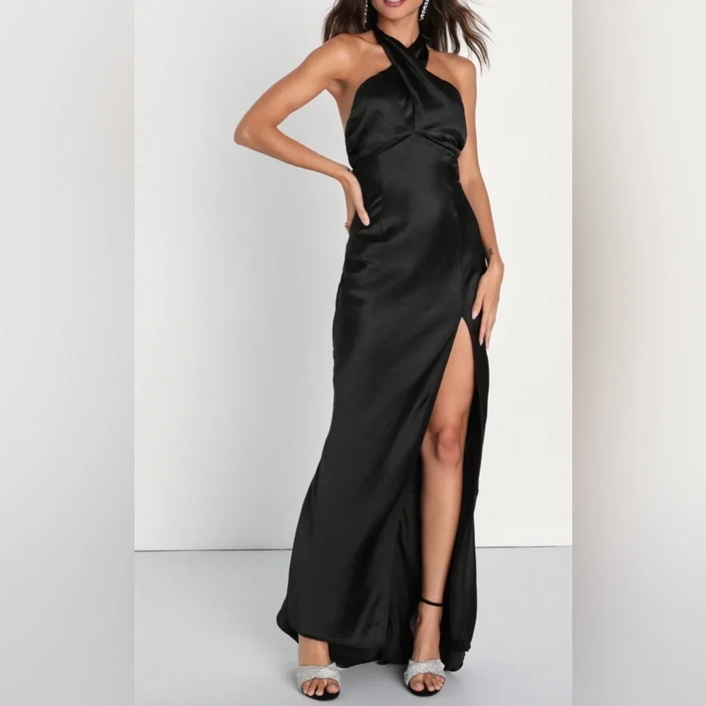 lulus black halter dress Lovely Black Dress - Backless Lace Dress - Halter Midi Dress